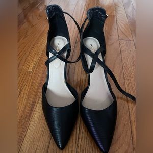 Aldo Black Leather Printed Criss Cross Ankle Strapped heel